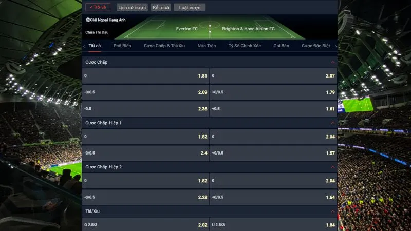 Bảng tỷ lệ kèo trận Everton vs Brighton